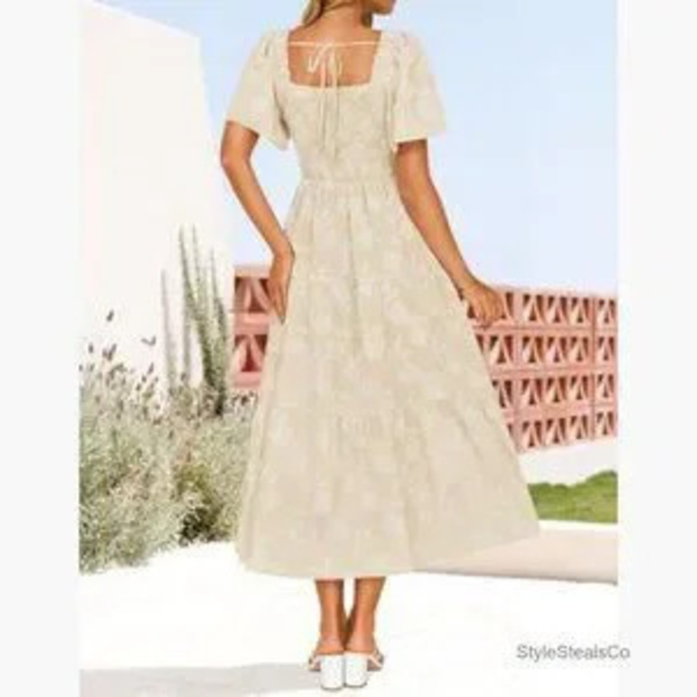Summer Floral Midi Dress Short Sleeve Square Neck Boho Beach Vacation - Picture 5 of 5